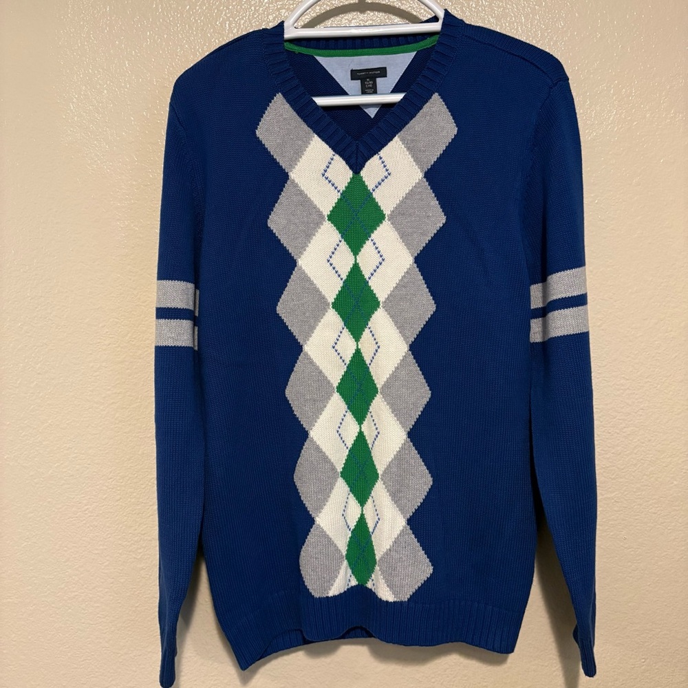 Tommy Hilfiger XL (20) Boys Blue Argyle V Neck Sweater Cotton